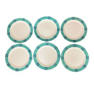 Pier 1 Dinner Plate Full Set X6 Green Band Blue Stripes Serveware Decor Dining